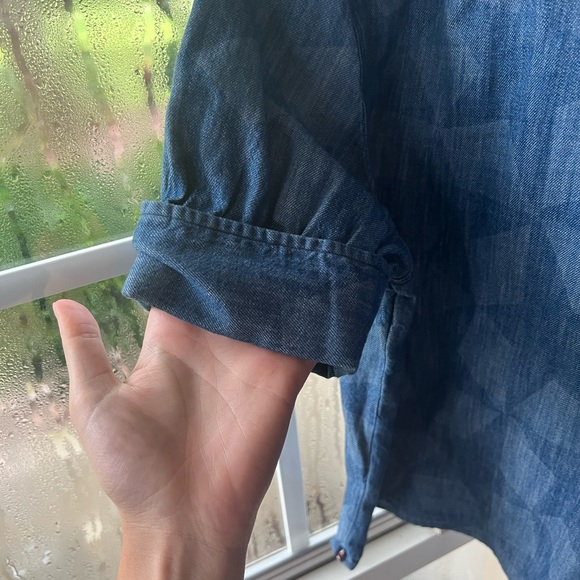 Scotch & Soda Denim Indigo Star Button Up Puff Sleeve Collared Top - Picture 3 of 7